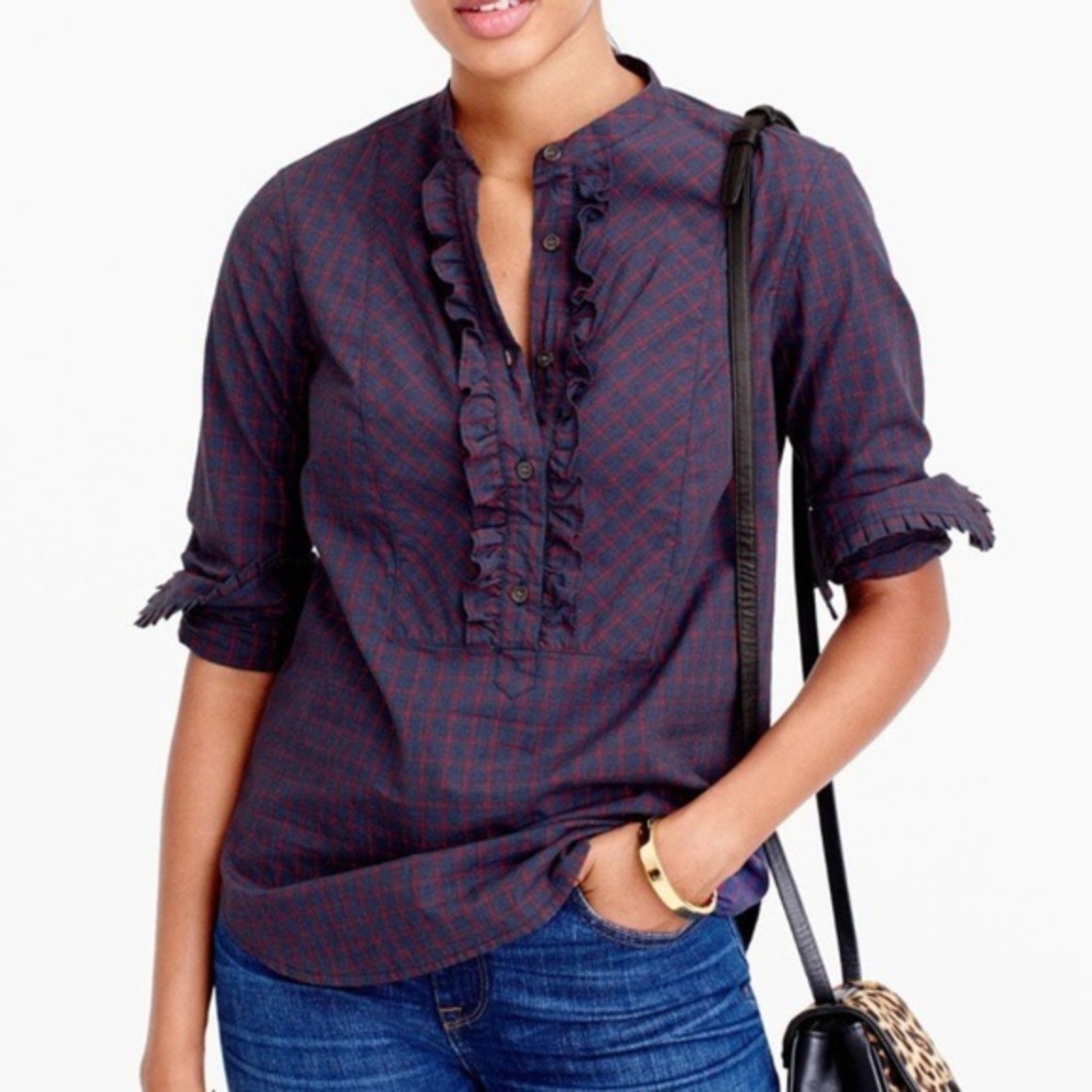 J Crew Blue and Red Ruffle Popover Top